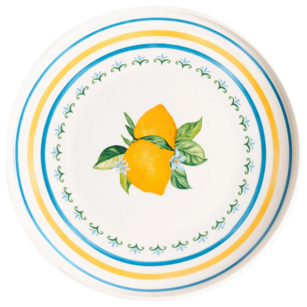 Set da 12 stoviglie in porcellana bianca e verde con finitura smaltata, con motivo a limoni, composto da ciotole e piatti, per cucina e sala da pranzo