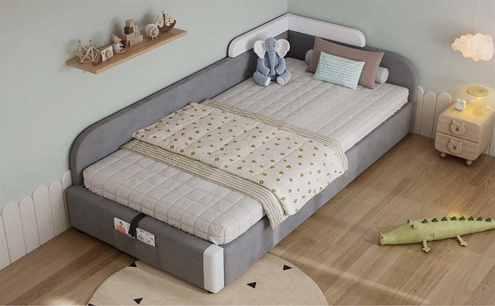 Letto per bambini imbottito 90 × 200 cm con vano contenitore idraulico in velluto e rete a doghe