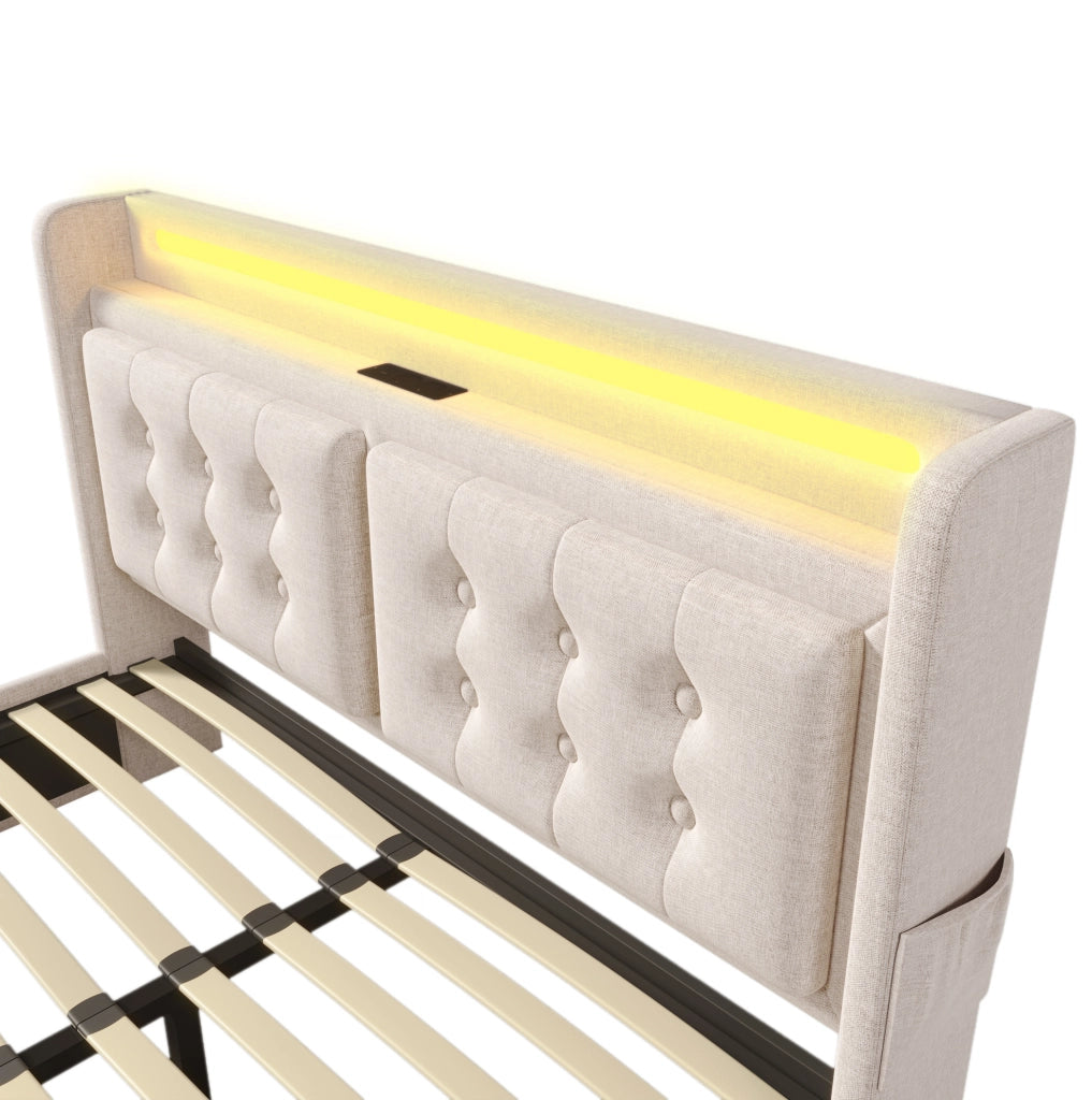 Letto imbottito 140x200 cm beige con LED, USB-C, prese e 4 cassetti
