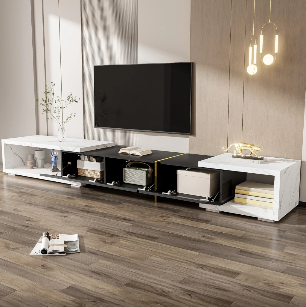 Mobile TV allungabile e girevole 140-260 cm; effetto marmo bianco e nero