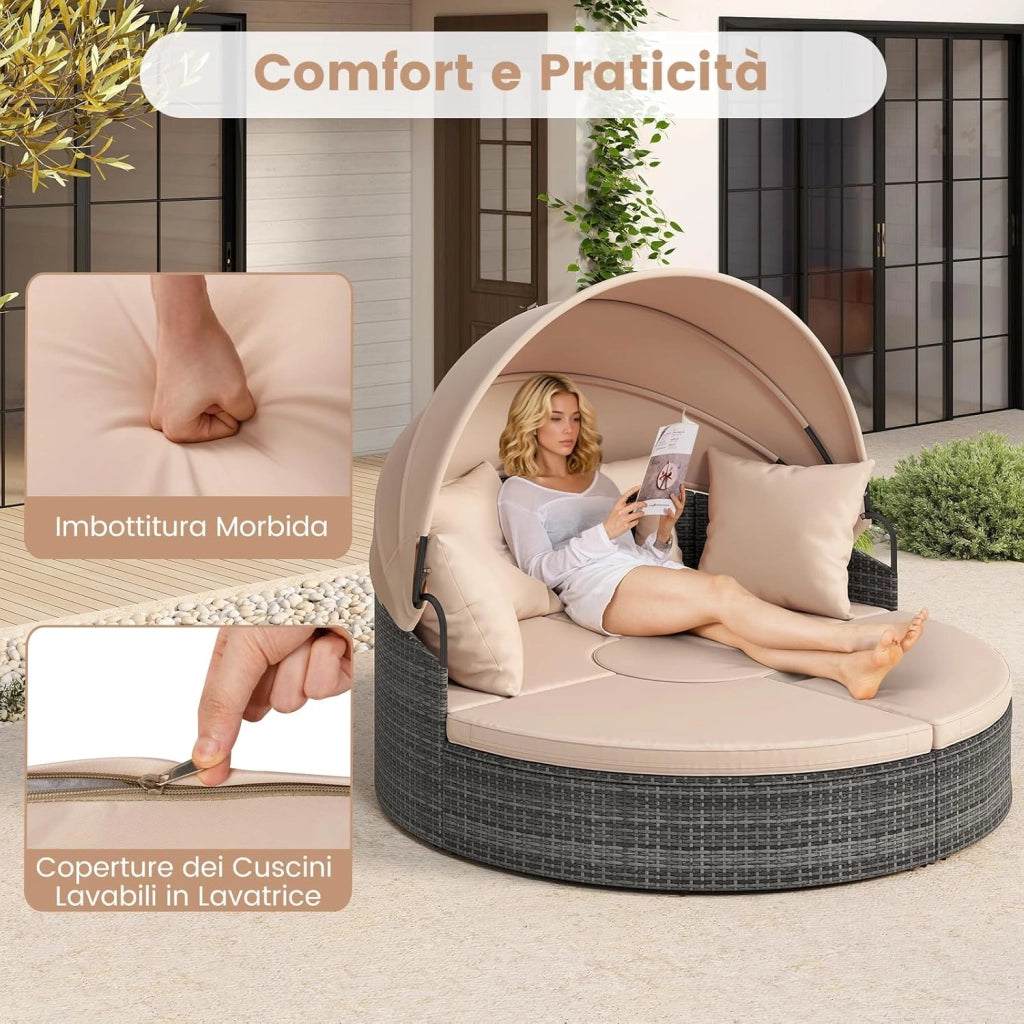 2 in 1 Isola Prendisole per 2 Persone da Giardino, Lettino Prendisole Rotondo in Rattan con Tettuccio Retrattile e Cuscini, Letto da Esterno per Relax e Festa, 172 x 180 x 141 cm (Beige)