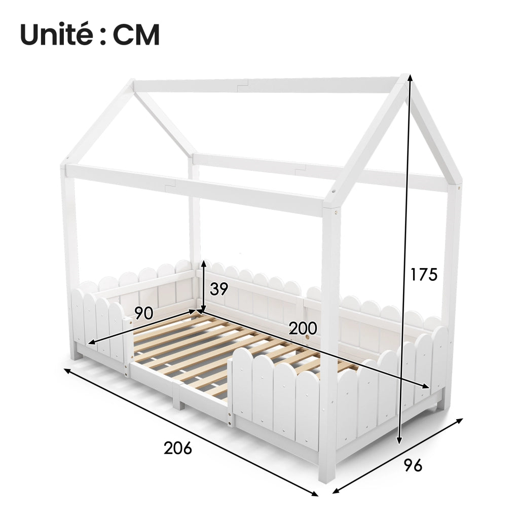 Letto Casetta 90x200 cm con Sponda e Rete a Doghe - in Legno Massello e Bianco