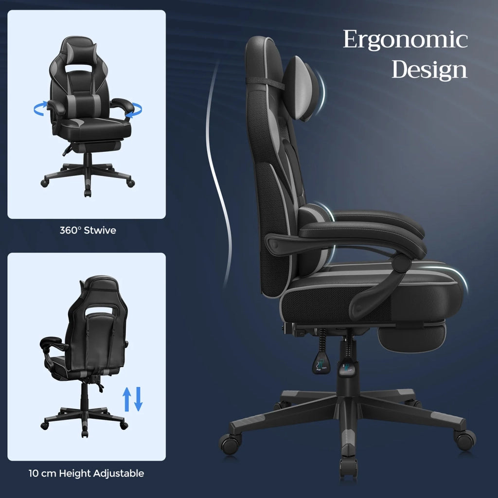 Sedia da gaming sedia da ufficio regolabile con poggiapiedi telescopico ergonomico meccanismo di inclinazione poggiatesta supporto lombare capacità di carico 150 kg nera 12_0005912