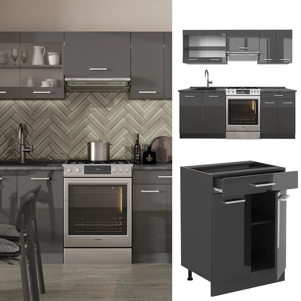 Vicco Cucina componibile Antracite lucido/antracite 200 cm senza piano di lavoro