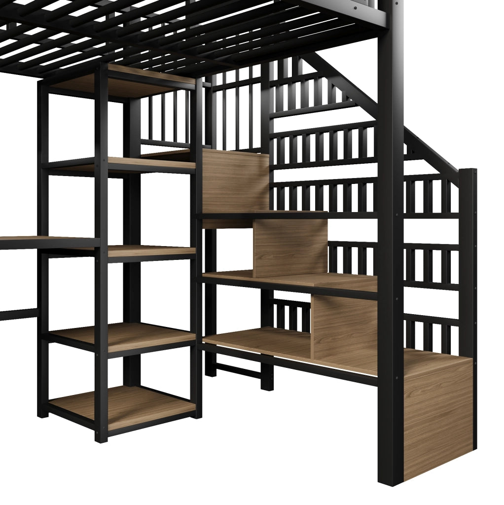 Letto a soppalco 140x200 cm con scrivania; scala contenitore; LED e USB; metallo e MDF nero