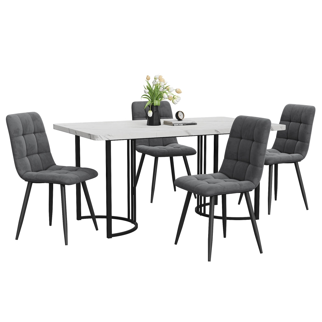 Tavolo da pranzo con 4 sedie, piano in MDF effetto marmo, struttura in metallo, per cucina e sala da pranzo, bianco, 140 × 80 cm
