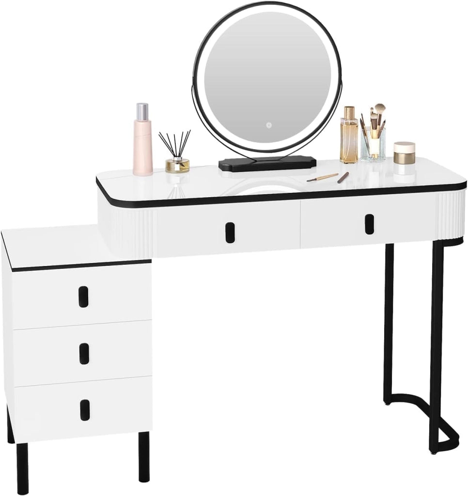Toeletta da Trucco con Luci, Tocador de Maquillaje, Tavolo da Trucco con 5 Cassetti in Legno Massiccio, Montaggio Flessibile, 100x40x125 cm, Moderno, Bianco+Nero