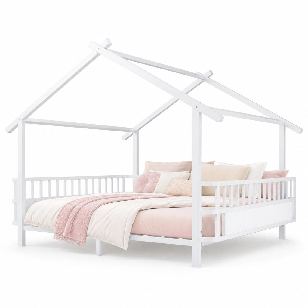 Letto per bambini 140 × 200 cm a forma di casa con barriera di sicurezza, senza materasso, in metallo, bianco
