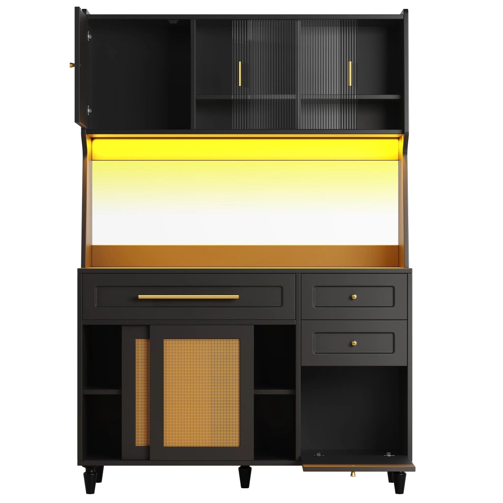 Credenza alta con 3 cassetti, ripiani regolabili, LED e porta scorrevole in PE rattan, nero 120 × 45 × 195.5 cm