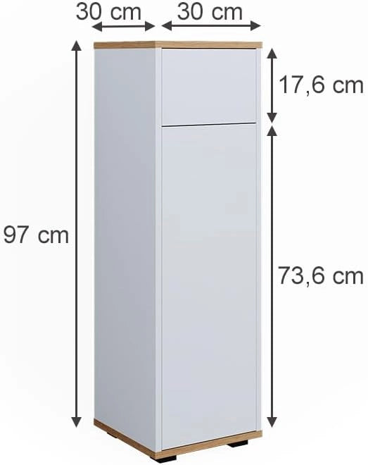 Mobiletto midi Didi, Bianco/Artisan, 30 x 97 cm con cassetto, per la conservazione di articoli da bagno e prodotti per la cura personale
