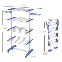 Stendino Verticale con 4 Ripiani Regolabili, in Acciaio e Plastica, 142x55x172 cm, Blu e Argento