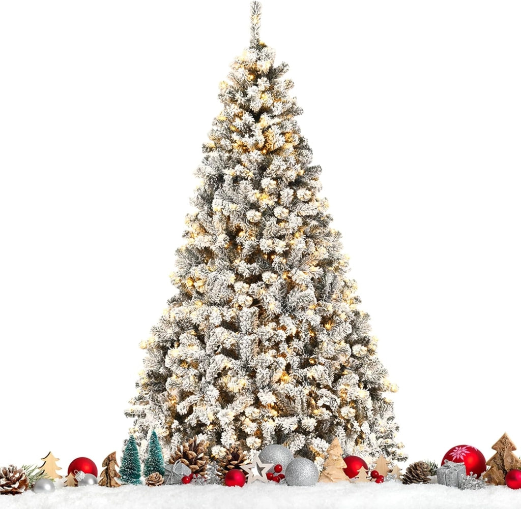 Albero di Natale Innevato 180/225 cm, Albero di Natale con 250/450 Luci a LED Bianco Caldo, 600/1010 Rami Folti e Base Metallica, Ideale per Casa, Ufficio e Negozio (180 CM)