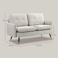 Divano 2 Posti in Tessuto Effetto Lino con Gambe in Acciaio e Cuscini Imbottiti, 139x68x80 cm, Bianco Crema
