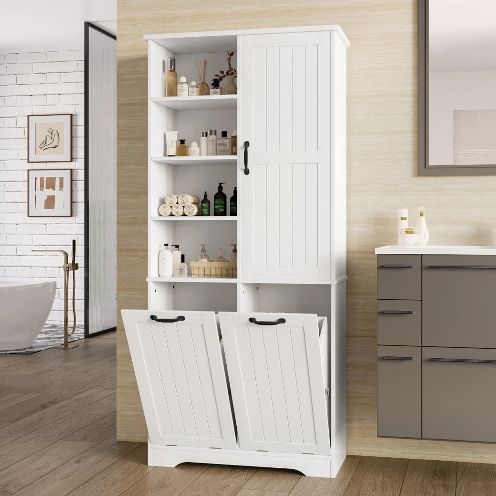 Armadietto da bagno in MDF con 2 cesti portabiancheria, 1 porta e ripiani regolabili, bianco, 78 × 35 × 172,7 cm