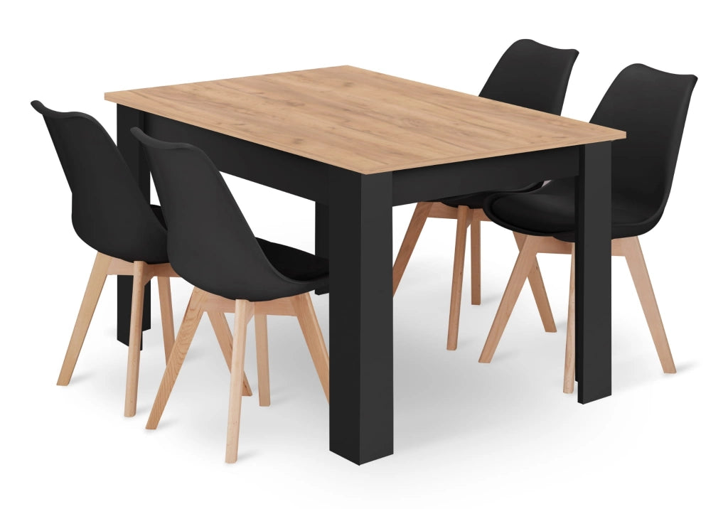 Tavolo rettangolare VALORA con 4 sedie RIXK nere 120x80