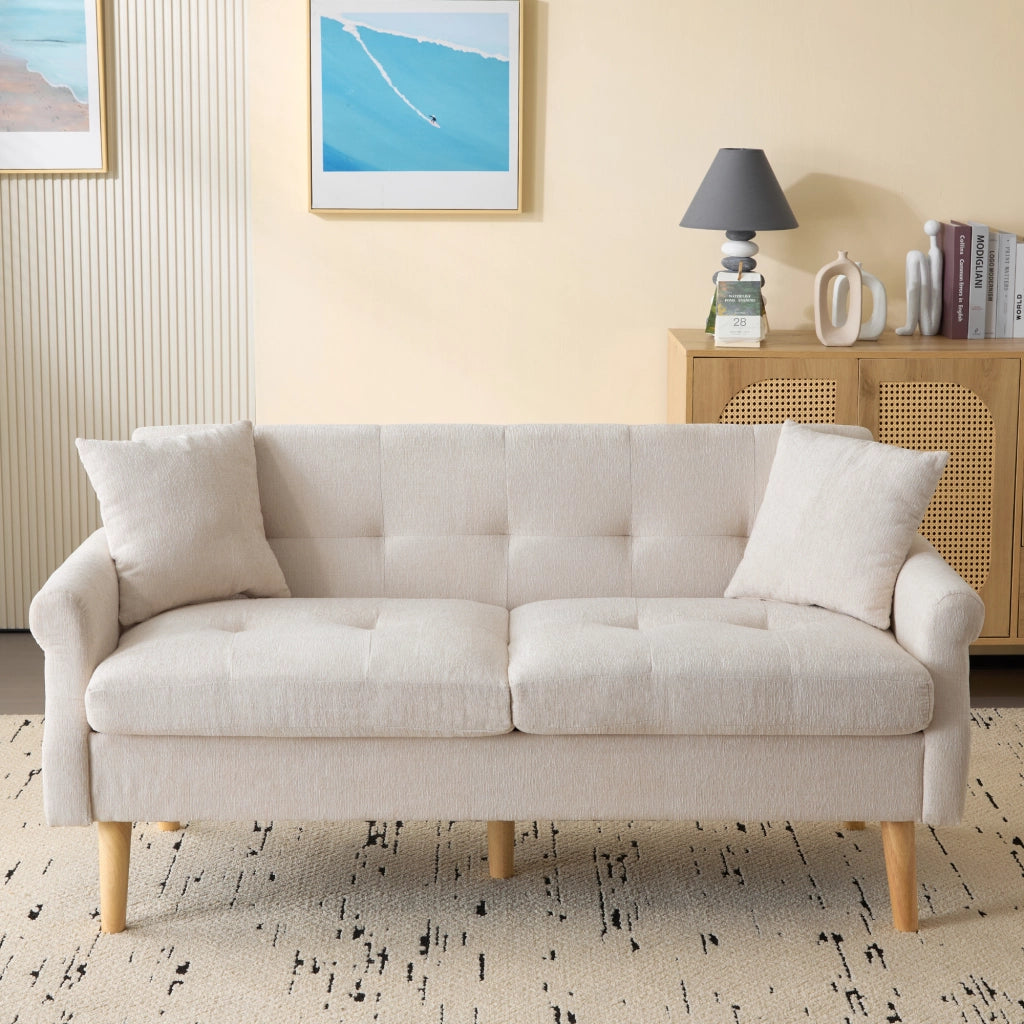 Divano 2 Posti con Cuscini spessi e Braccioli ergonomici, in Ciniglia Beige 162 × 74 × 77 cm