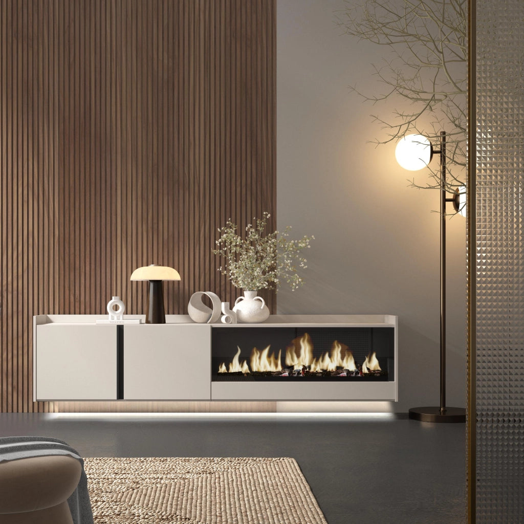 Mobile TV Soggiorno, 212x50x35 cm, Per TV fino a 80", Camino elettrico XXL, Sospeso, da appendere, LED, Beige