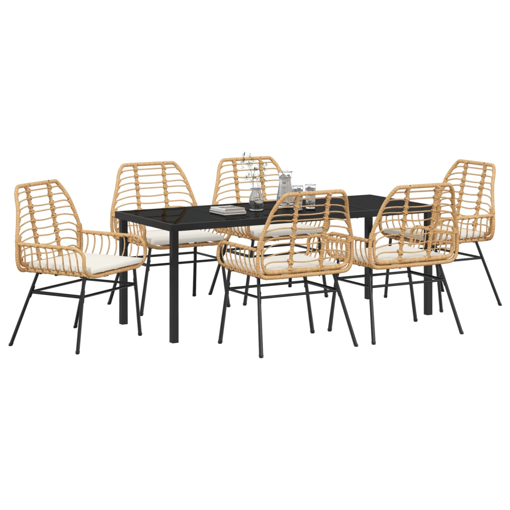 Set da Pranzo da Giardino 7 Pezzi con Cuscini Marrone Polyrattan