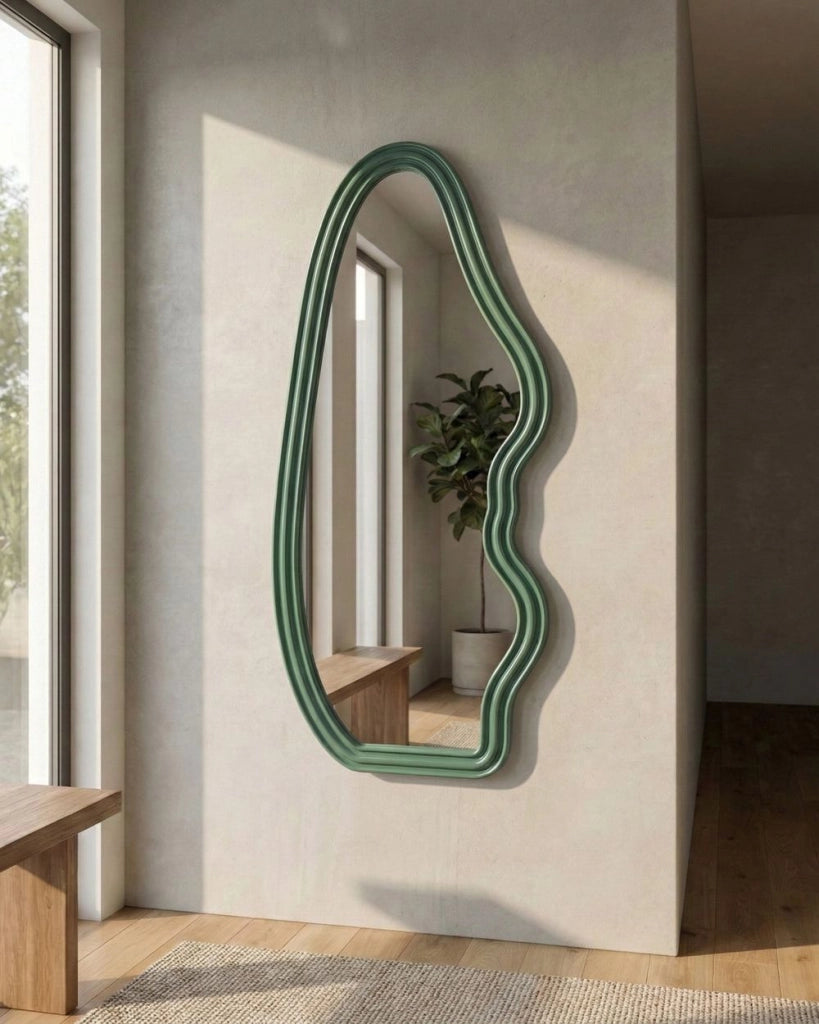 Specchio da parete Verde Paulownia Wood Frame Glass 160 x 67 cm Irregolare Decorativo a parete Pezzo d'accento in stile moderno