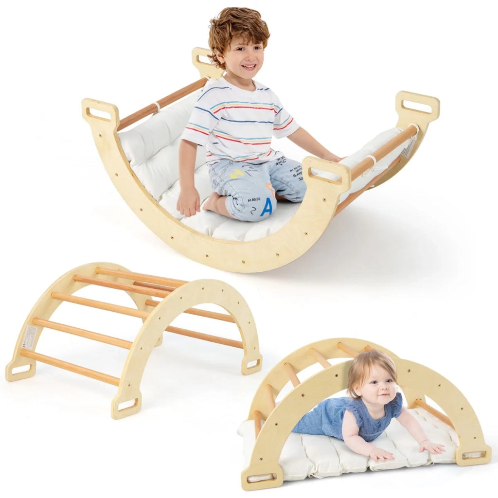 Set arco a dondolo e arrampicata 3 in 1 81 x 50 x 38,5 cm con cuscino morbido atmosfera accogliente legno beige 20_0010195