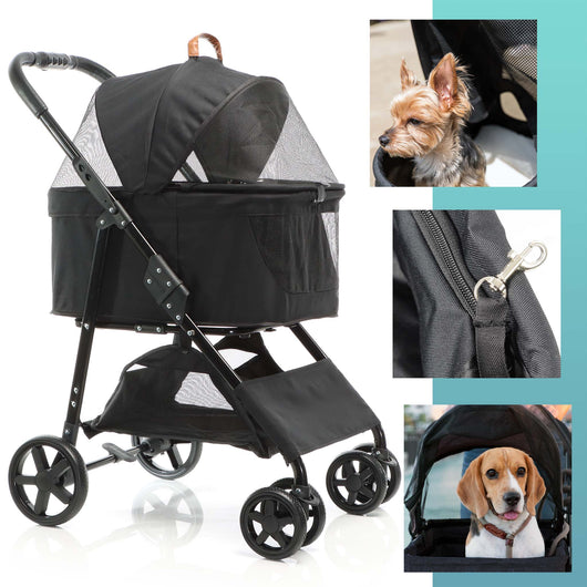 Fudajo Passeggino Pieghevole per Cani 2in1 Nero, Carrozzina e Trasportino Rimovibile, max 20 kg per Animali Taglia Piccola e Media