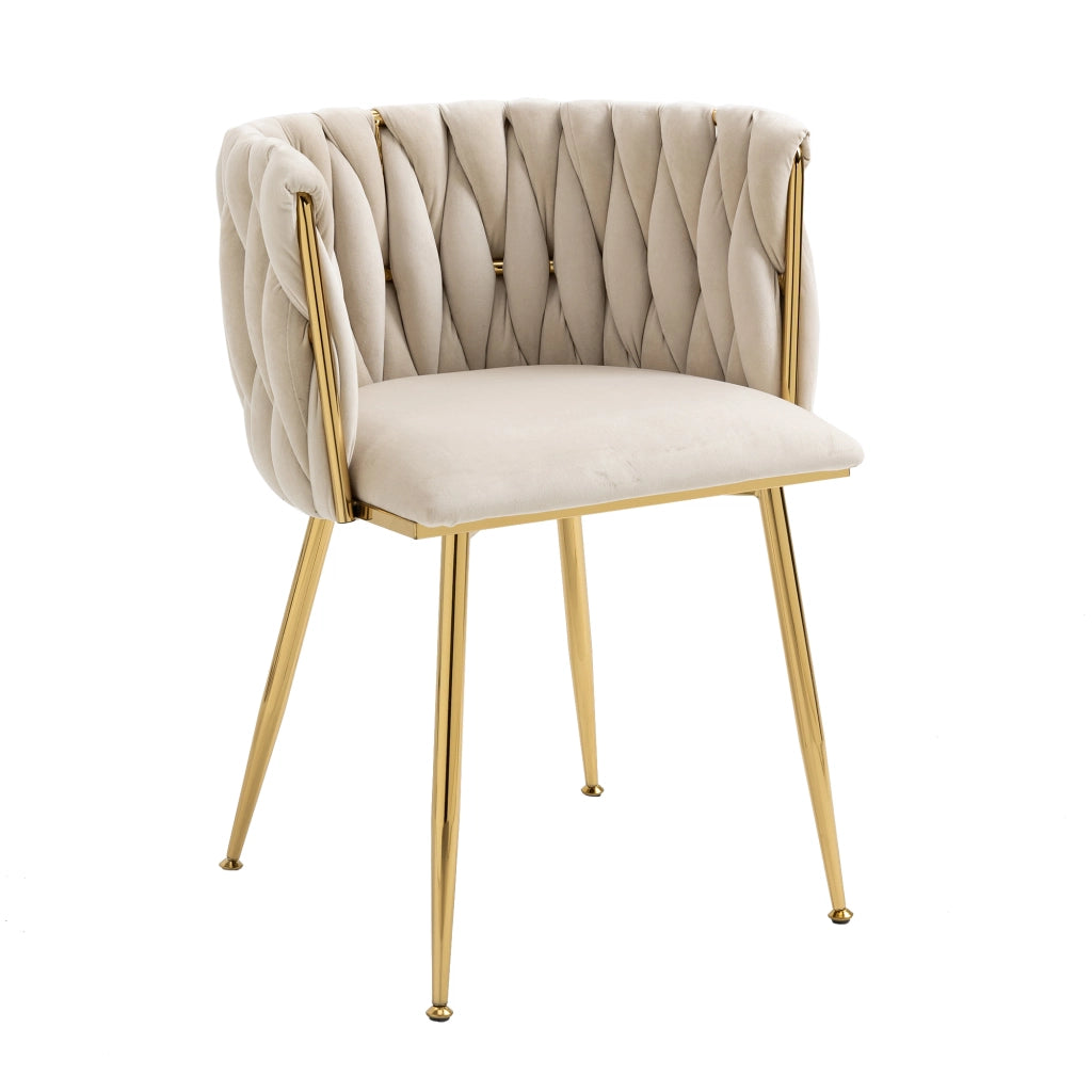 Sedia imbottita in velluto color avorio con gambe in metallo dorato, design curvo e struttura stabile