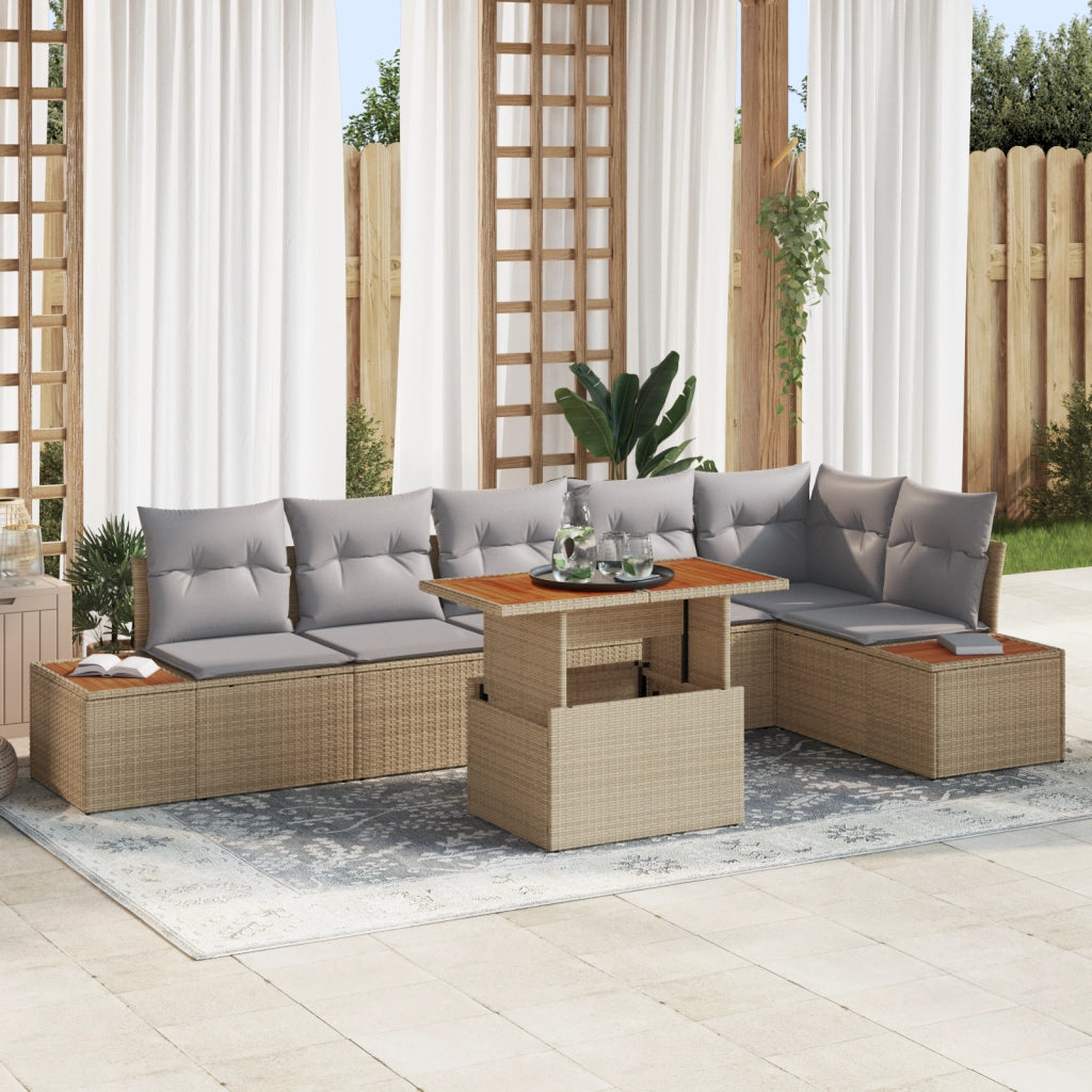 Set divano da giardino 7 pezzi con cuscini beige in polyrattan