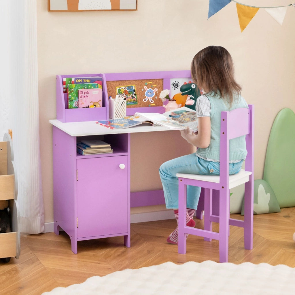 Set di scrivania e sedia per bambini in legno con scaffale armadietto bacheca, Postazione di scrittura Viola