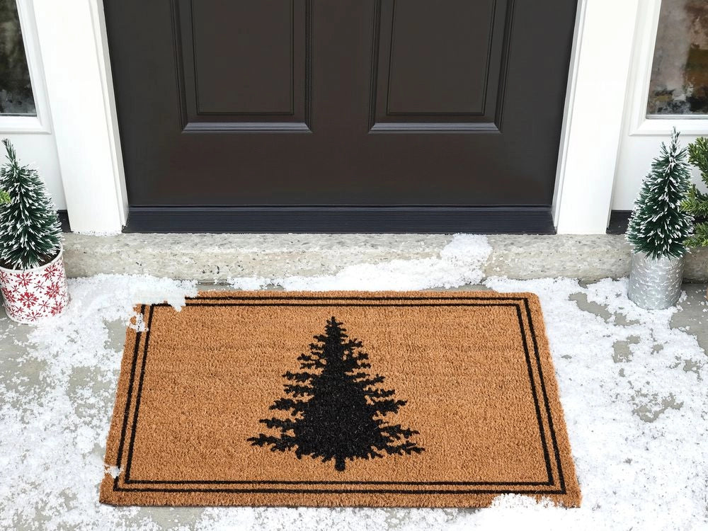 Zerbino in fibra di cocco naturale con fondo in gomma 60 x 90 cm Albero di Natale con motivo festivo Antiscivolo