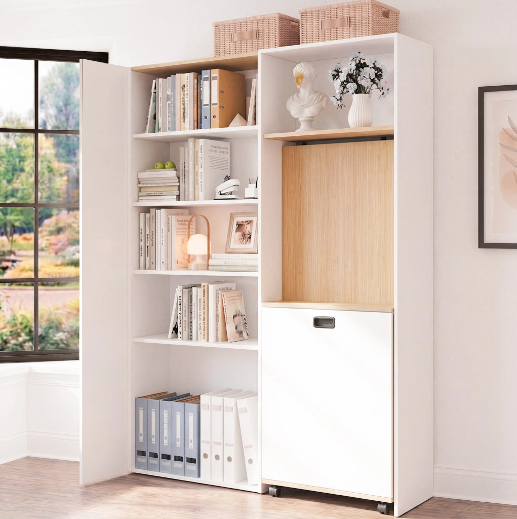 Scrivania pieghevole 104.5x30.5x160 cm con libreria integrata; presa USB; MDF bianco