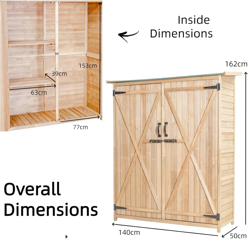 Casetta da Giardino in Legno, 140 x 50 x 162 cm, Capanno per Attrezzi per Esterno con 2 Ripiani e 1 Armadio, Resistente alle Intemperie con Ante Bloccabili, Capanno da Giardino