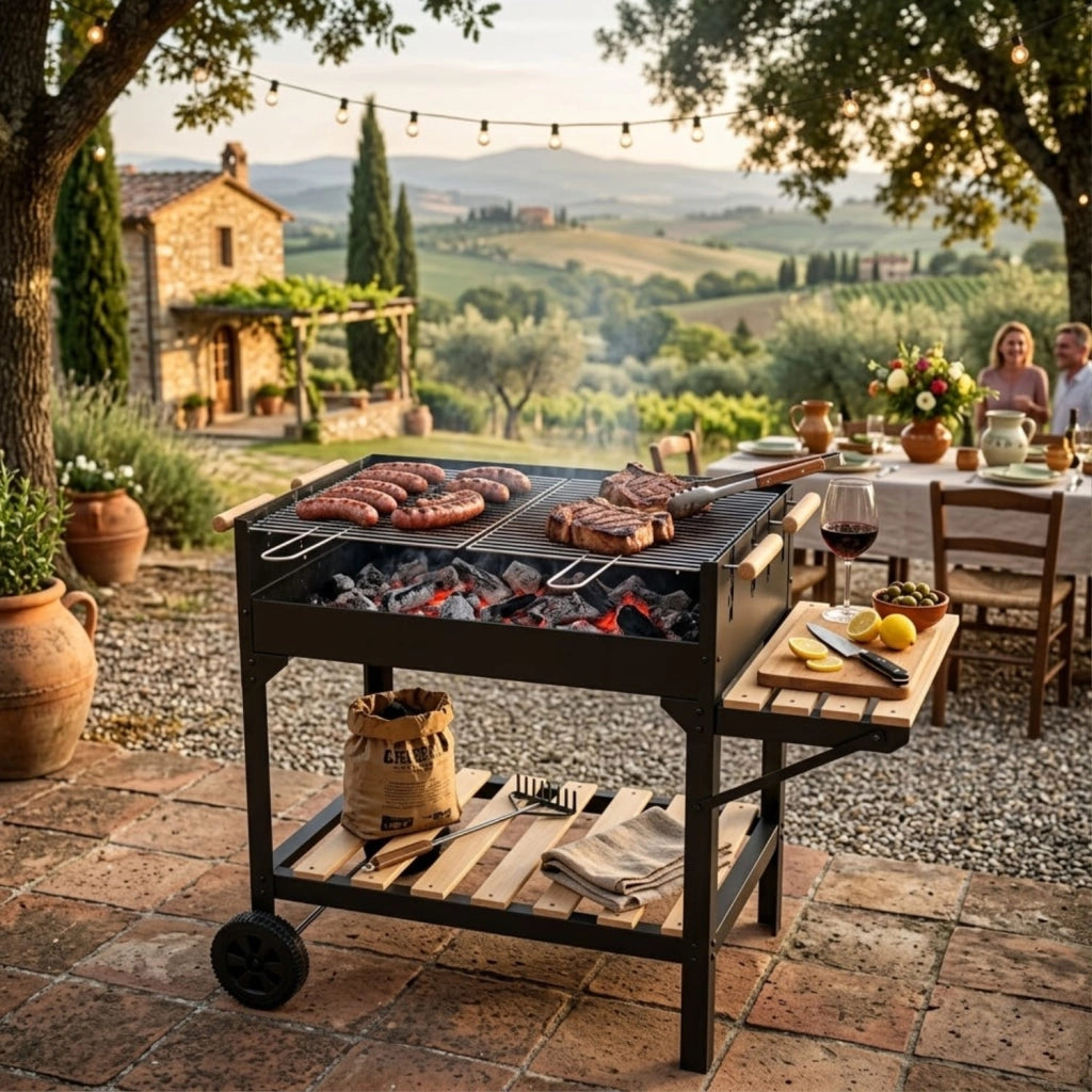 Barbecue Da Esterno Con Griglia Regolabile Ripiano Porta Accessori Laterale E Inferiore Acciaio Robusto Con Ruote Per Terrazza E Outdoor Cooking 122 x 53 x 100 Cm Nero