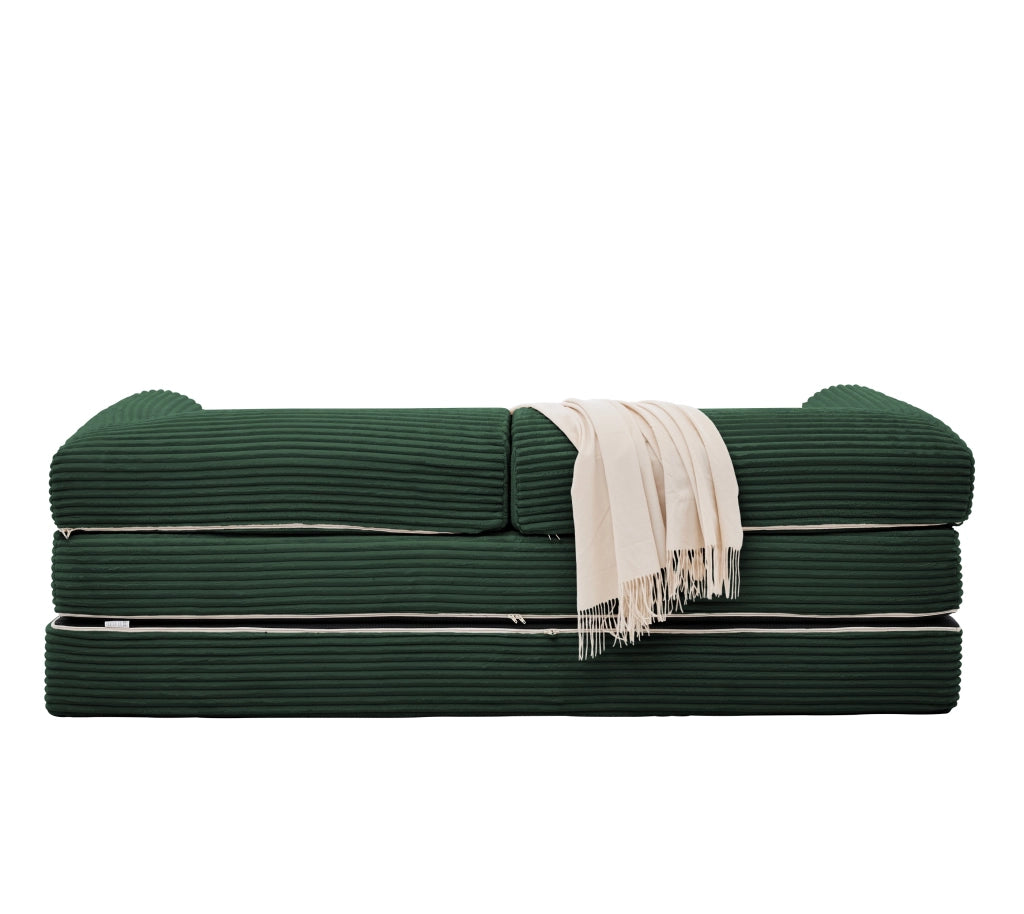 Divano letto convertibile 2 posti in tessuto corduroy con seduta imbottita e braccioli, design salvaspazio verde