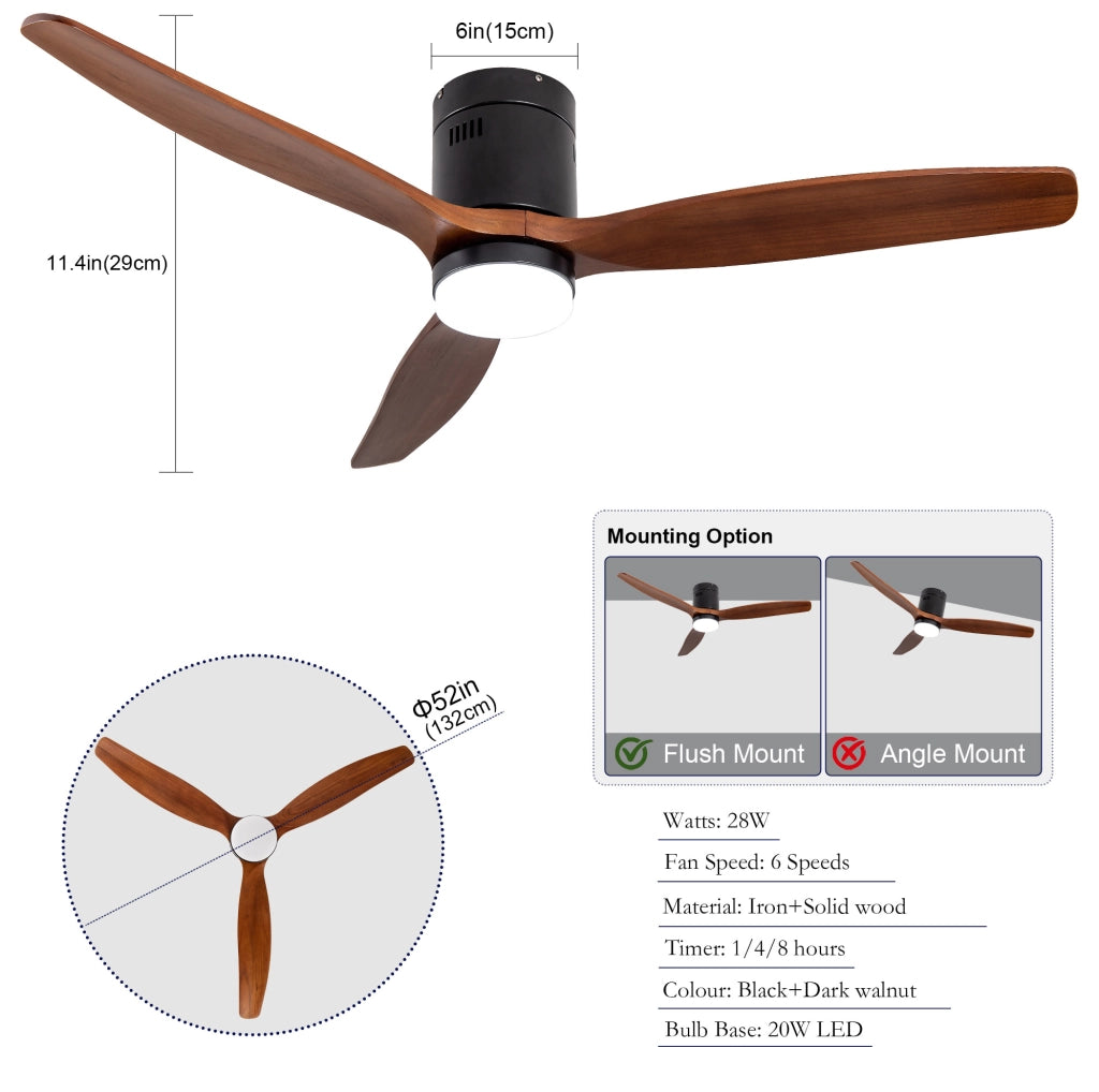 Ventilatore da soffitto 52 pollici a 3 pale con luce LED integrata; nero e noce scuro