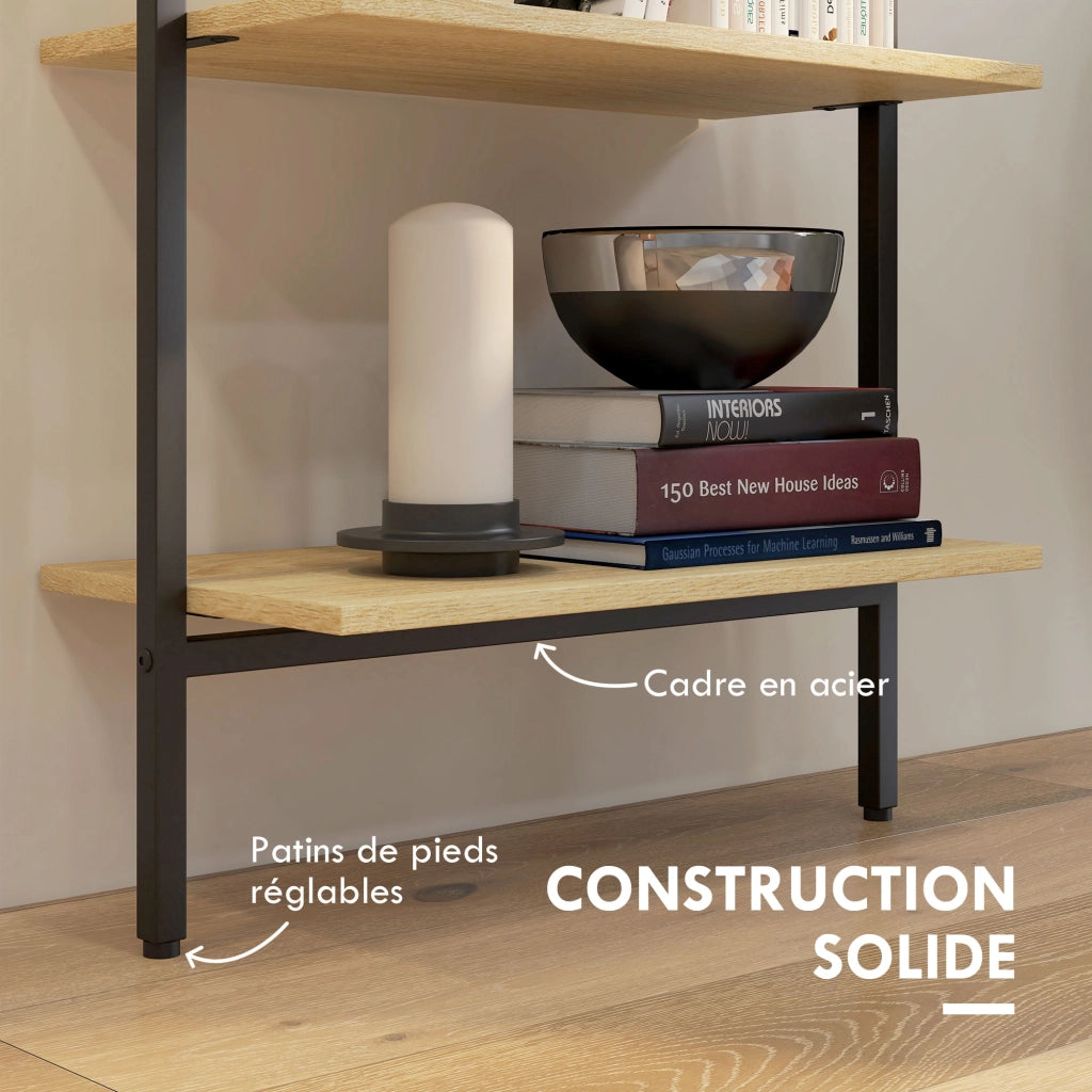 Libreria a muro scala 6 ripiani stile industriale ¨C zephmum ¨C nero acciaio legno naturale 60x30x206 cm