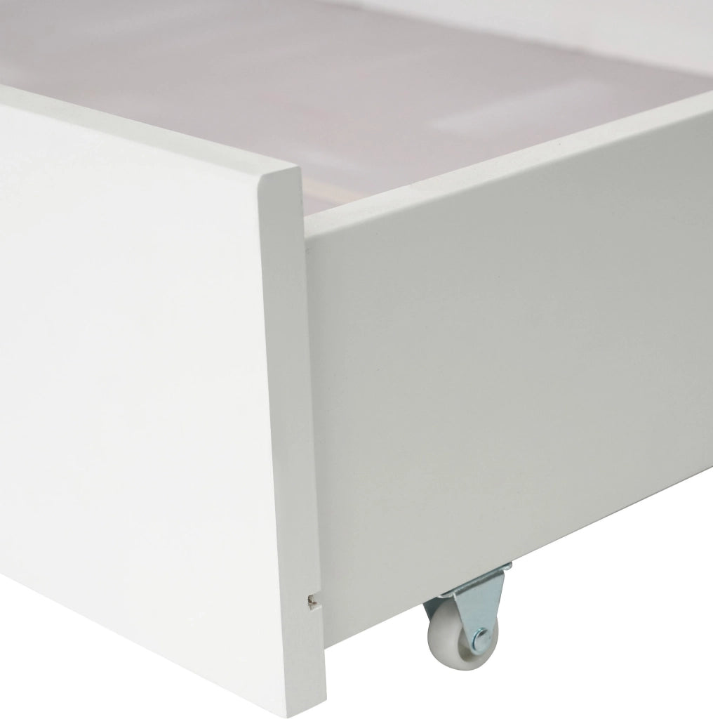 Letto per bambini a casetta 90x200 cm in legno di pino; bianco e rovere; con cassetti e rete a doghe