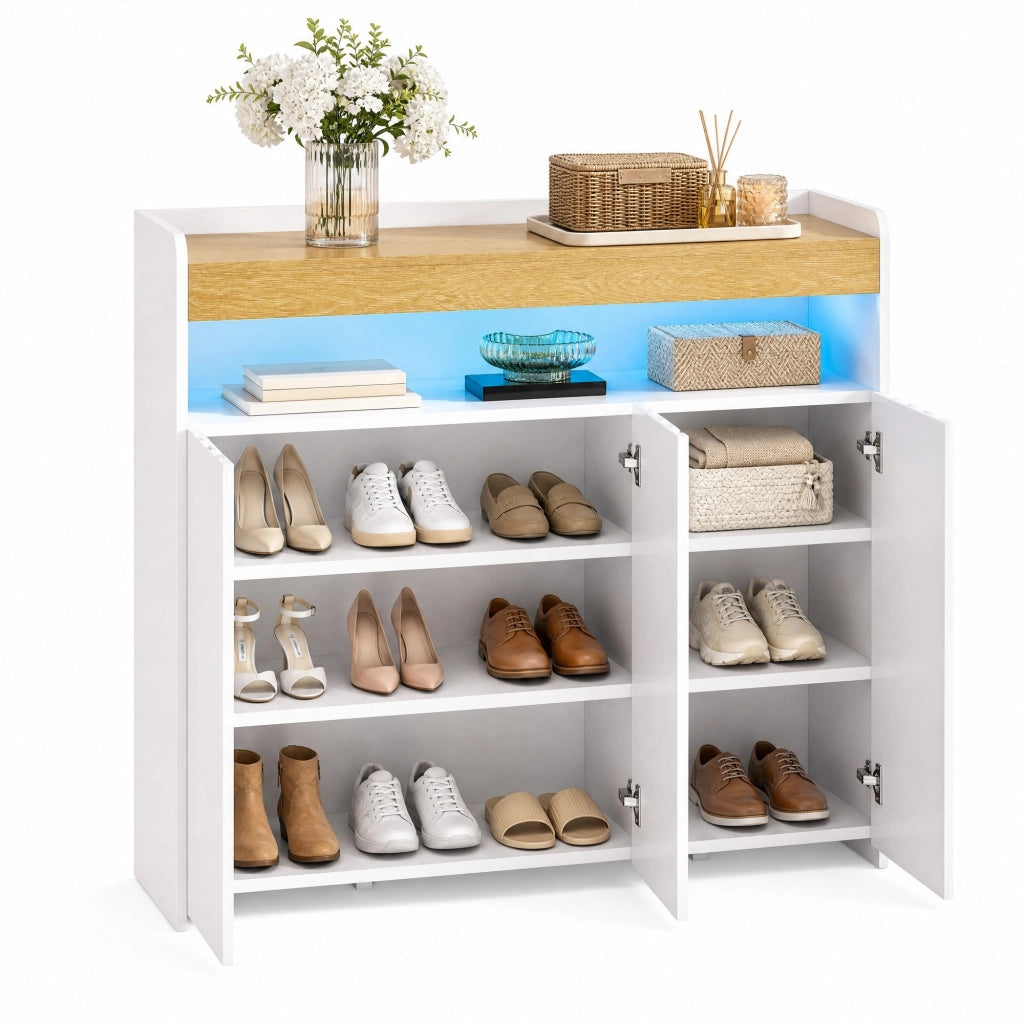 Sideboard moderno con 3 porte, LED integrato e ripiani regolabili, bianco e naturale, 105 x 33,5 x 76 cm