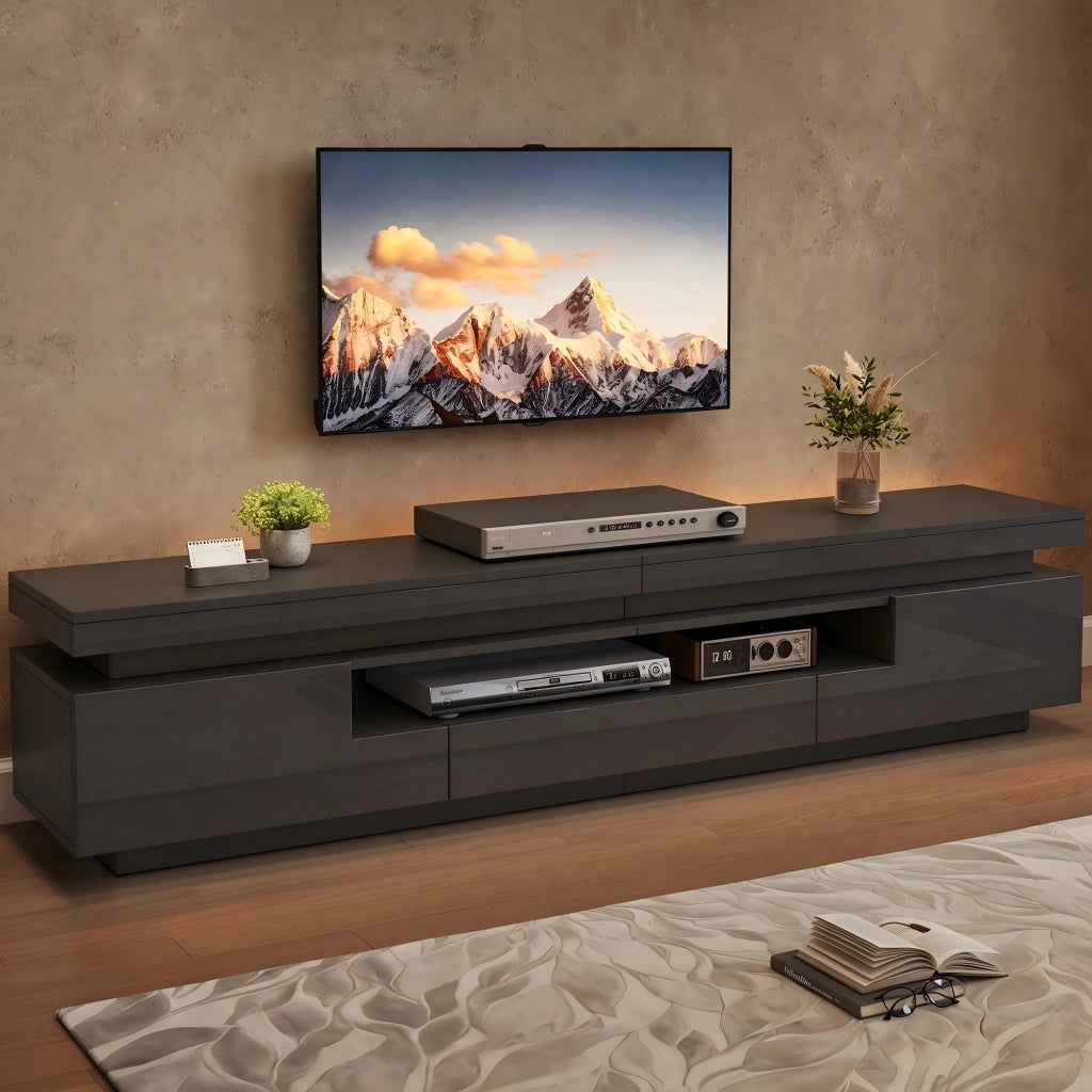 Mobile Porta TV 75 Pollici Nero Lucido 175 cm con LED e Cassetto