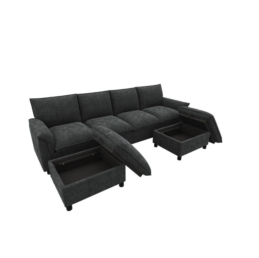 Divano in ciniglia nero con 2 pouf mobili; 264;5 x 142;5 x 84 cm