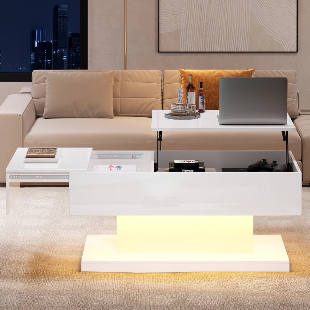 TAVOLO da caffè 100x50x45 cm bianco in pannello di legno con LED e sollevamento idraulico