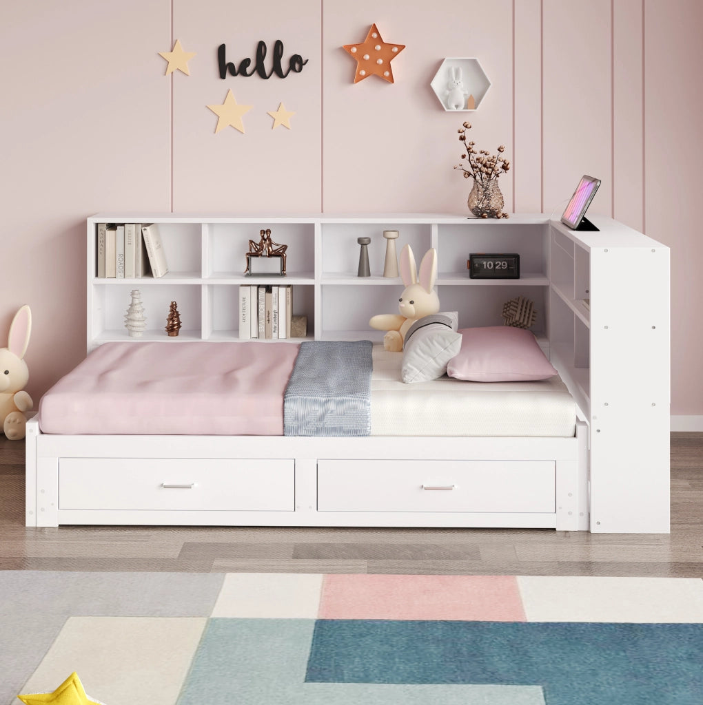 Letto multifunzionale estraibile 90/180x190 cm con contenitore; prese multifunzione; bianco