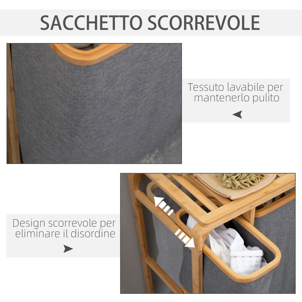 Cesto Portabiancheria 3 Scomparti Estraibili 50x32x69,7 cm in Tessuto e Bambù