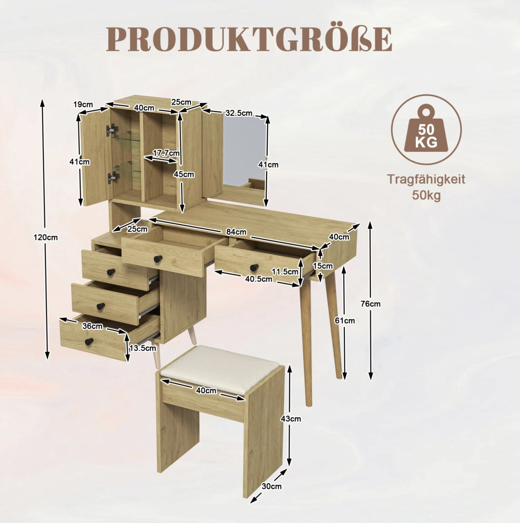Tavolo da trucco moderno con specchio estraibile; piano allungabile 84 x 40 cm; legno ingegnerizzato naturale e beige