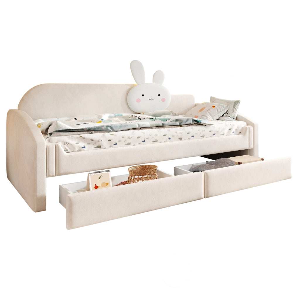 Divano letto per bambini 90x200 cm in velluto beige con LED e cassetti