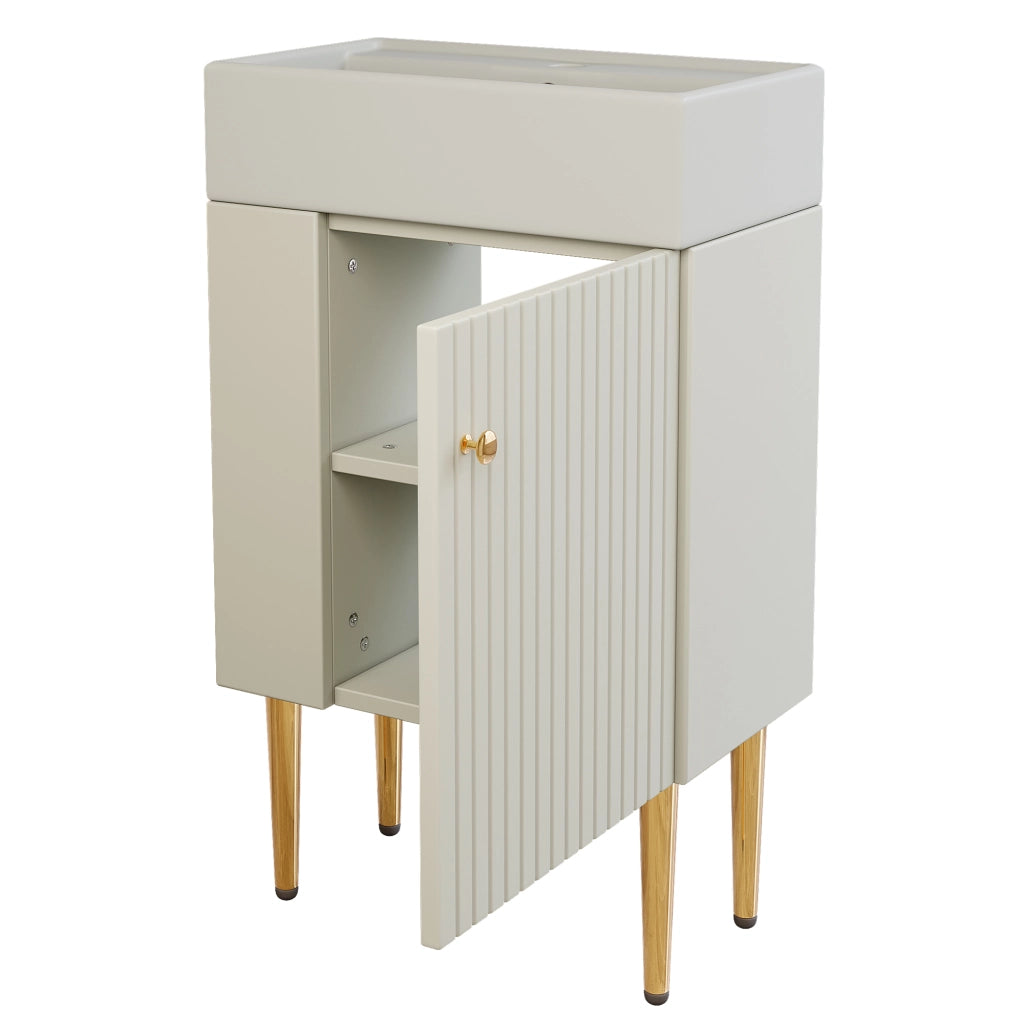 Mobile bagno compatto da terra con lavabo in ceramica bianco, contenitore e ripiani laterali