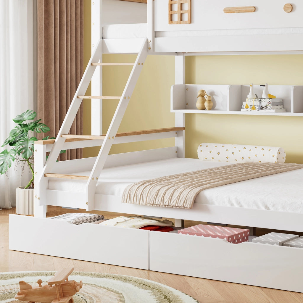 LETTO a castello con finestre, 2 cassetti, 205x148,5x167,5 cm, Bianco/Naturale