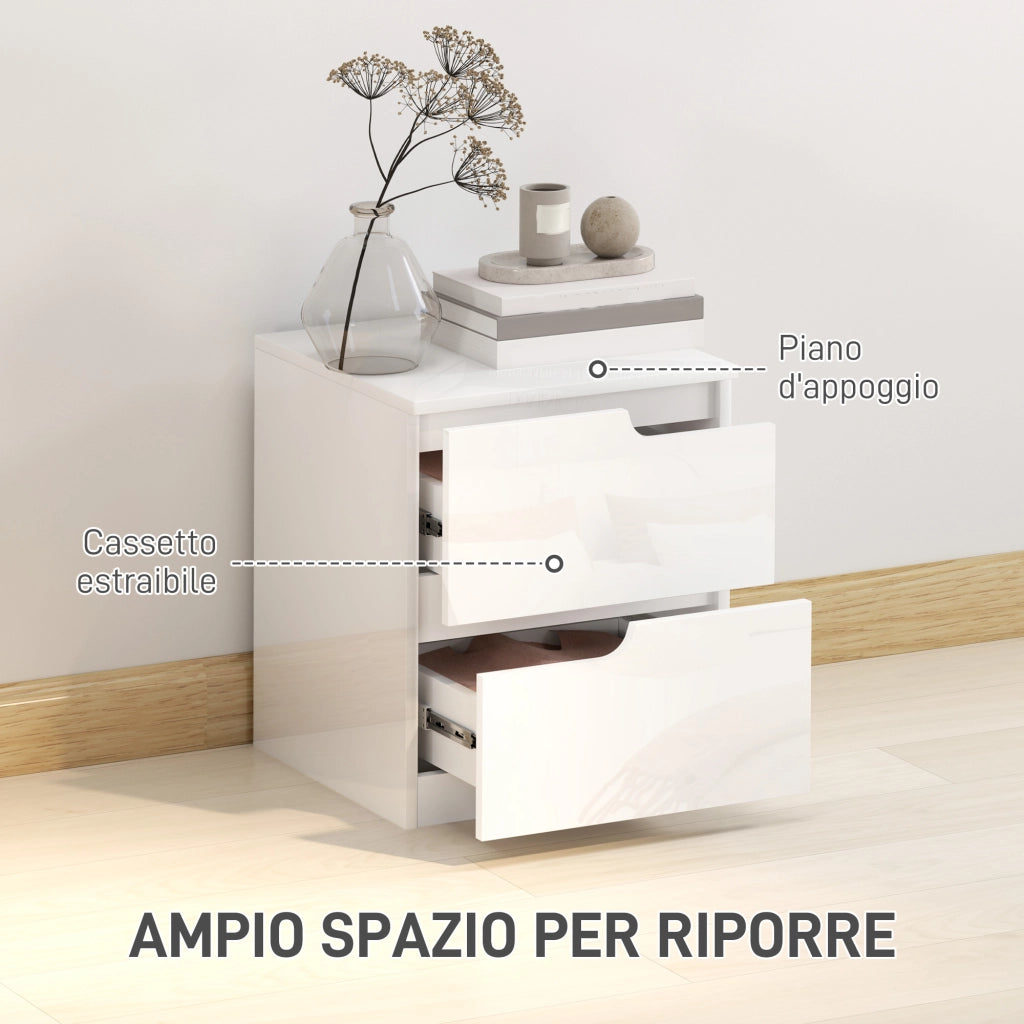 Comodino Moderno in Legno con 2 Cassetti ¨C zephmum ¨C Bianco Lucido 40x40x48 cm