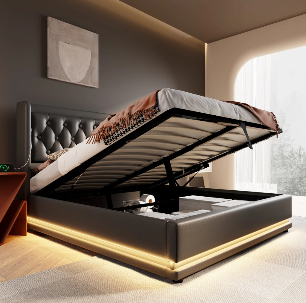 Letto contenitore 180x200 cm in PU nero con LED e porte USB/Type-C