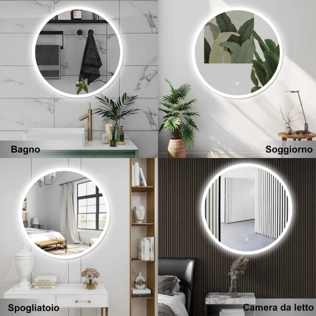 AICA Specchio da bagno 80 x 80 cm, 3 colori, antiappannamento, dimmerabile, interruttore touch, Funzione Memoria