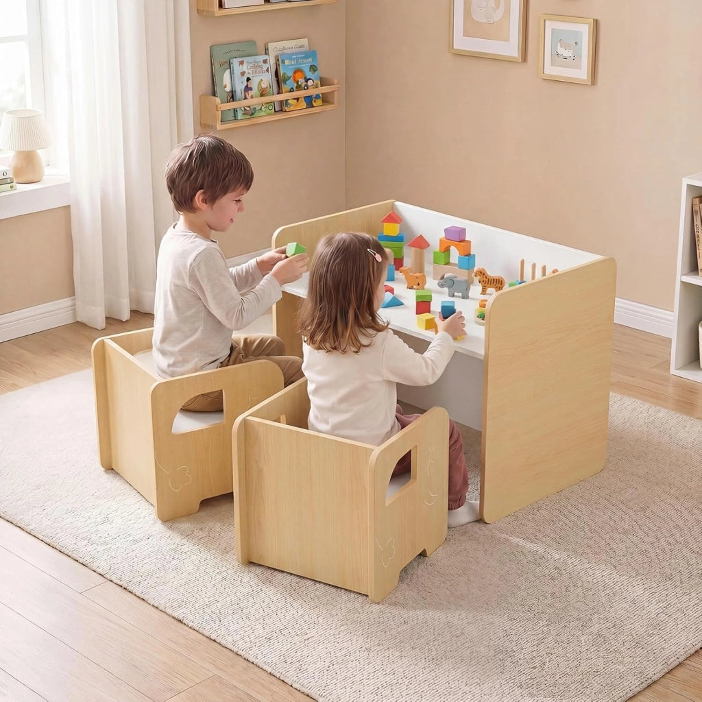 Set Tavolo e 2 Sedie per Bambini, Tavolo e Sedie Salvaspazio per Bambini 3+ Anni con Lavagna per Disegnare e Piedini Antiscivolo, per Camerette, Soggiorno e Studio (Naturale)